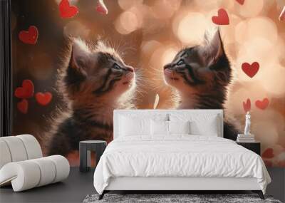 Two playful kittens look into each other\'s eyes with soft, warm light surrounding them, as hearts drift gently around in a whimsical atmosphere Wall mural